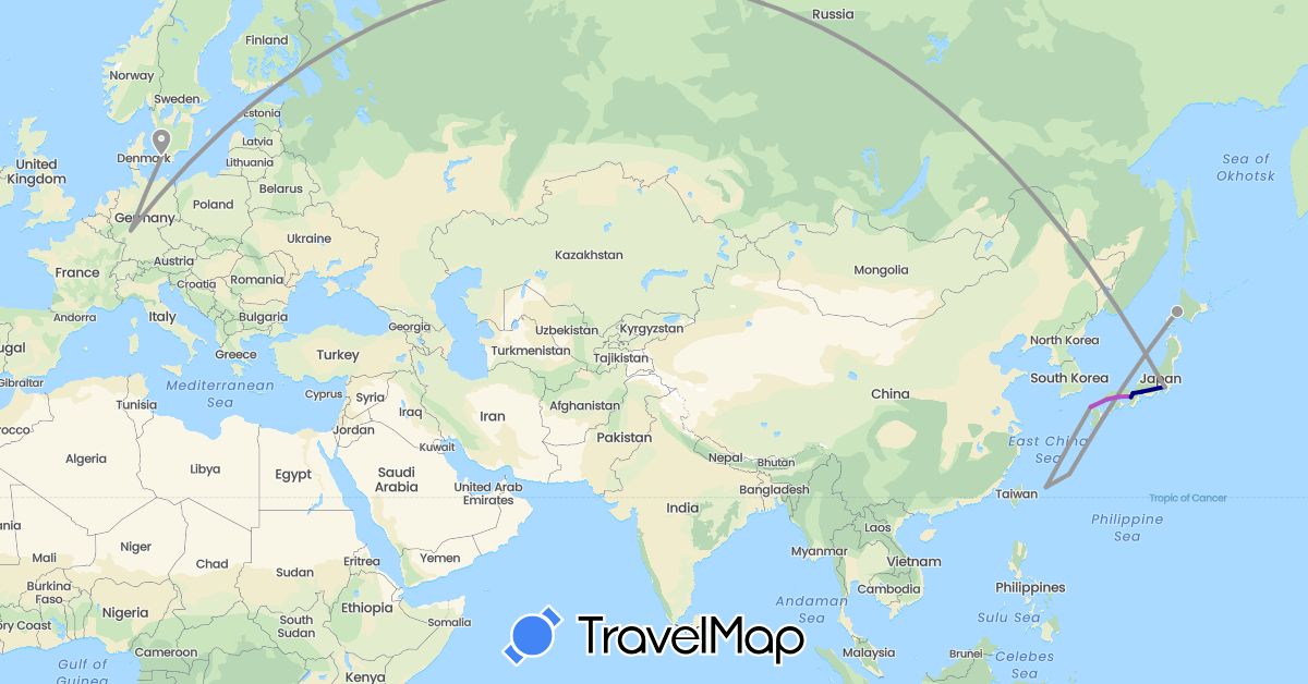 TravelMap itinerary: driving, plane, train in Germany, Denmark, Japan (Asia, Europe)